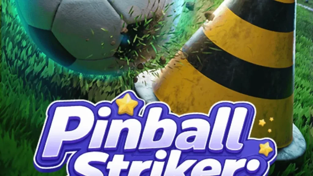 Tampilan visual permainan slot Pinball Striker 20,000x dengan tema stadion sepak bola neon