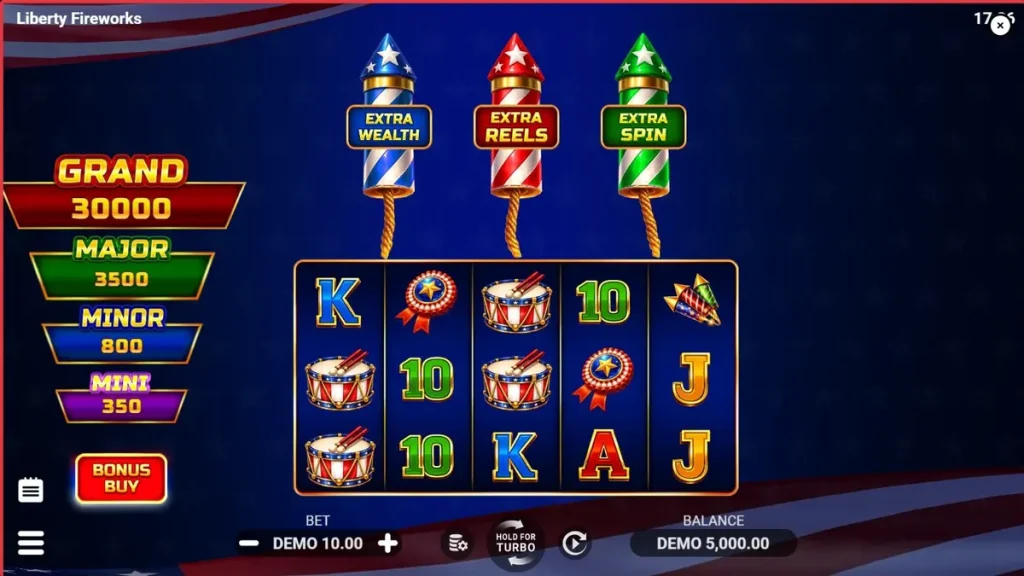 Tampilan visual slot Liberty Fireworks 3 Pots dengan tema kembang api dan simbol patriotik.