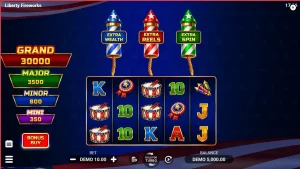 Tampilan visual slot Liberty Fireworks 3 Pots dengan tema kembang api dan simbol patriotik.