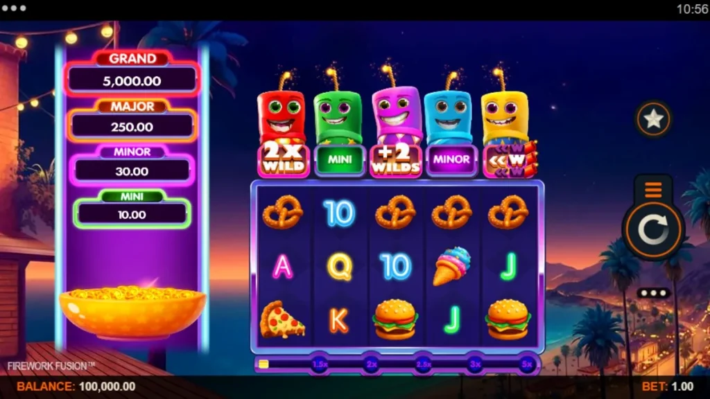 Tampilan visual slot Firework Fusion dengan latar belakang karnaval tepi pantai dan kembang api