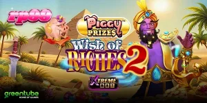 Tampilan visual slot Piggy Prizes Wish of Riches 2 dengan elemen genie dan piggy bank