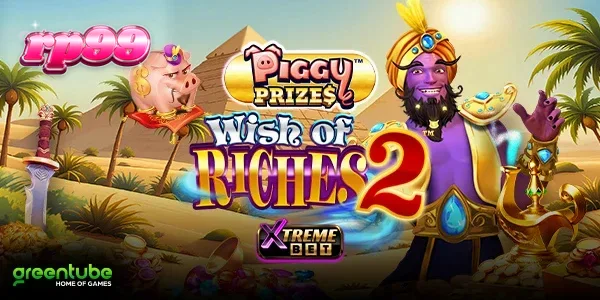 Tampilan visual slot Piggy Prizes Wish of Riches 2 dengan elemen genie dan piggy bank